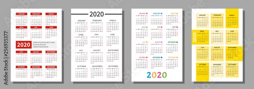 Vector set of pocket calendar. Calendar grid for 2020.
