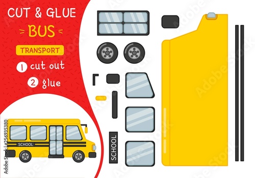 Education paper game for preshool children. Vector illustration of cartoon school bus.