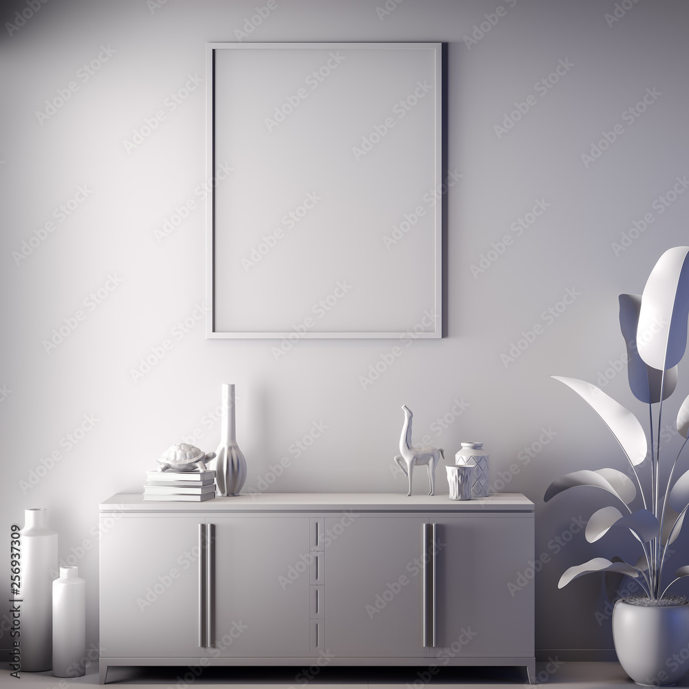 Mock up poster frame in Interior, gray color, Clay render, 3D illustration