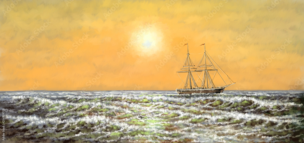 Digital paintings seascape, sailing ship at sunset. Fine art.