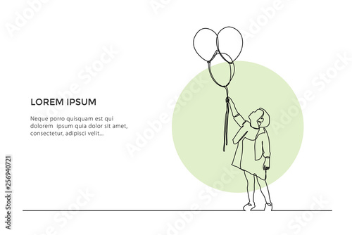 Continuous line drawing of a girls holding balloons on white background. - Vector