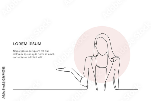 Continuous line drawing. Young businesswoman welcoming you isolated on white background - Vector