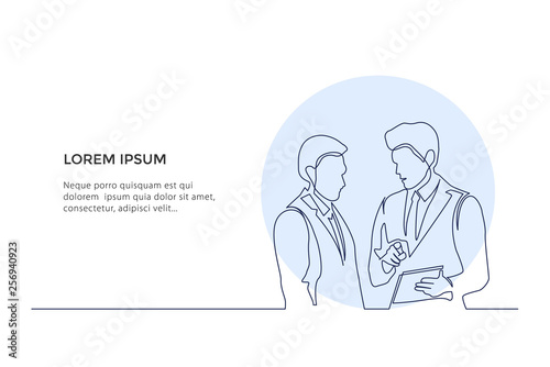 Continuous Line Drawing. Businessman Having Informal Meeting In Office. Drawing by hand on a white and blue background. Design illustration - Vector