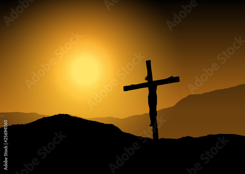 Jesus on cross at sunset