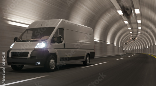 Fototapeta Naklejka Na Ścianę i Meble -  White Van on the Move Inside the Tunnel 3D Rendering
