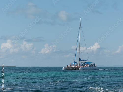 Catamaran touristic sailboat horizon turquoise water copy space 