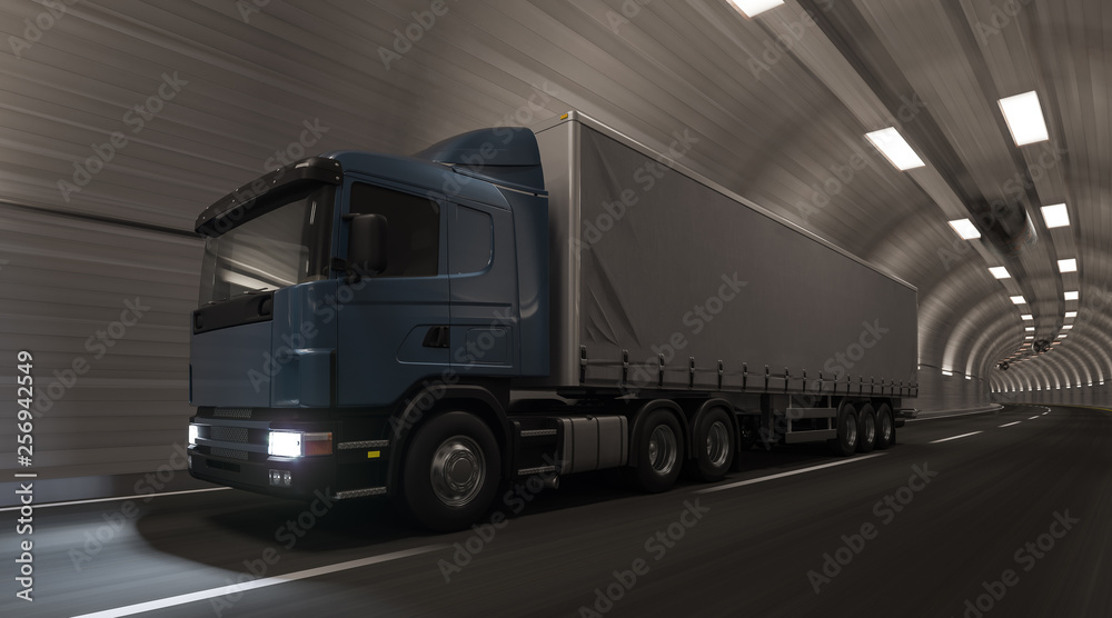 Fototapeta premium Semi Trailer Truck Moving Through the Tunnel 3D Rendering