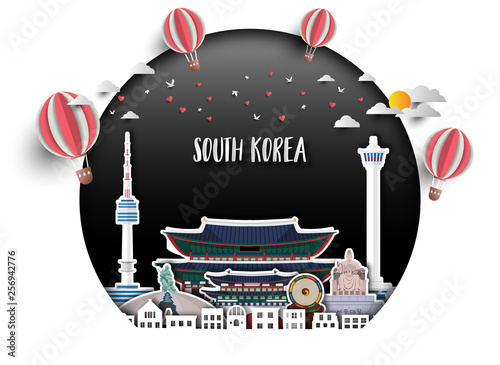 South Korea Landmark Global Travel And Journey paper background. Vector Design Template.used for your advertisement, book, banner, template, travel business or presentation.