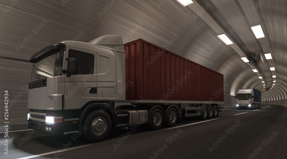 Container Trucks Moving Through the Tunnel 3D Rendering