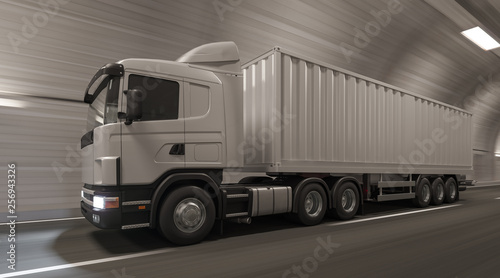 White Container Truck Inside the Tunnel 3D Rendering