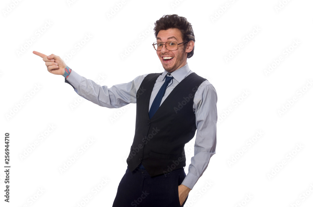 Young businessman in funny concept on white Young businessman in funny concept on white