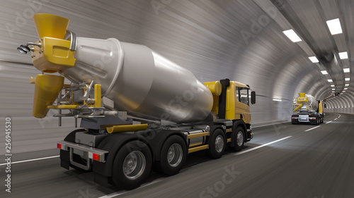 Fotografija Rear and Side View of Cement Mixers Inside a Tunnel 3D Rendering