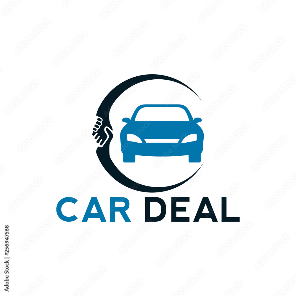 car deal logo design template element with car and handshake illustration