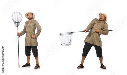 Man hunting for butterflies isolated on white photo