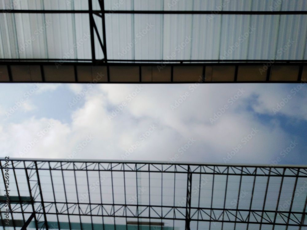 Construction, steel frame, roof structure, construction worker, sky view,