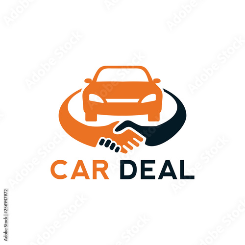 car deal logo design template element with car and handshake illustration