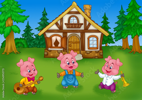 Fairy tale three little pigs Forest nature house background cartoon album illustration