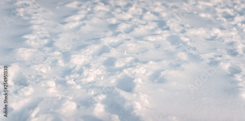 Fresh and sleet melts in early spring and late winter. Footprints on white ice background. Snow photography of nature.