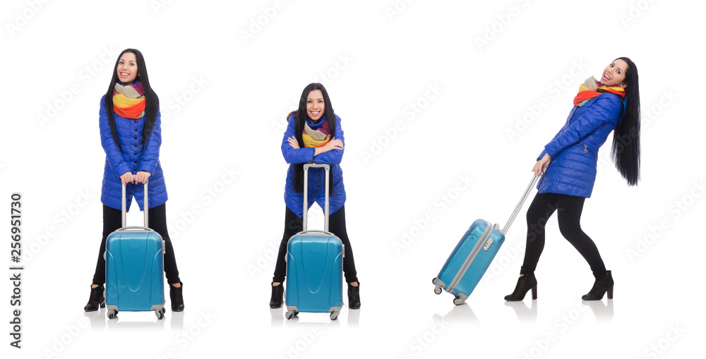 Pretty girl with suitcase isolated on white