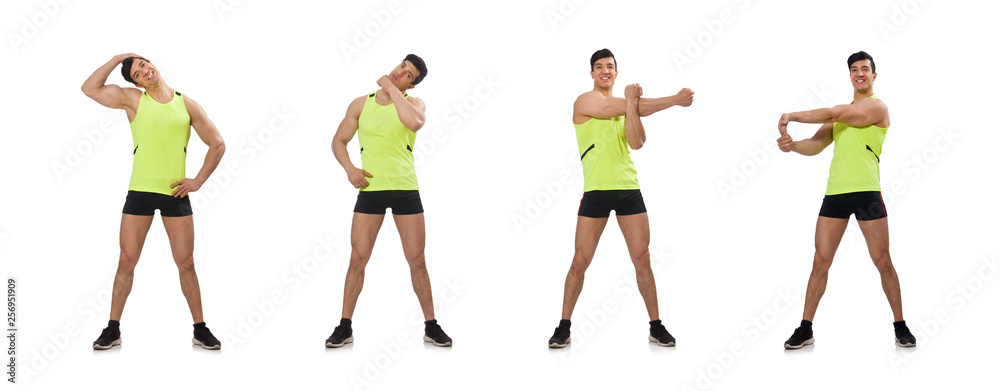 Young man exercising on white