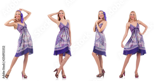 Beautiful woman in purple dress isolated on white