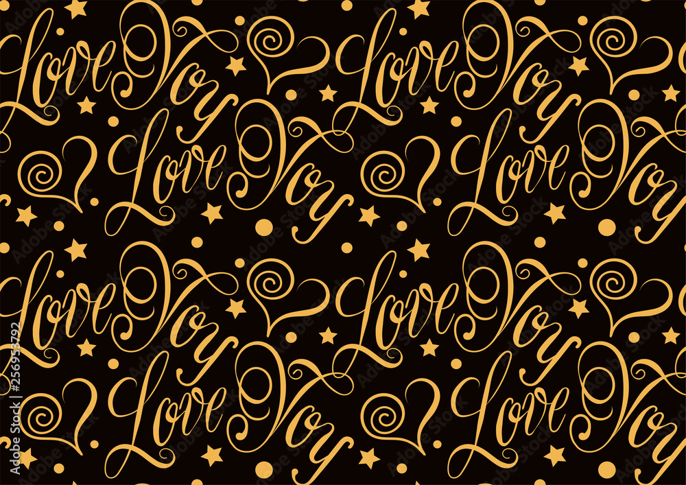 Seamless with text - love you. Seamless pattern of gold letters on a black background for your design. Vector graphics Seamless with text - love you. Seamless pattern of gold letters on a black background for your design. Vector graphics
