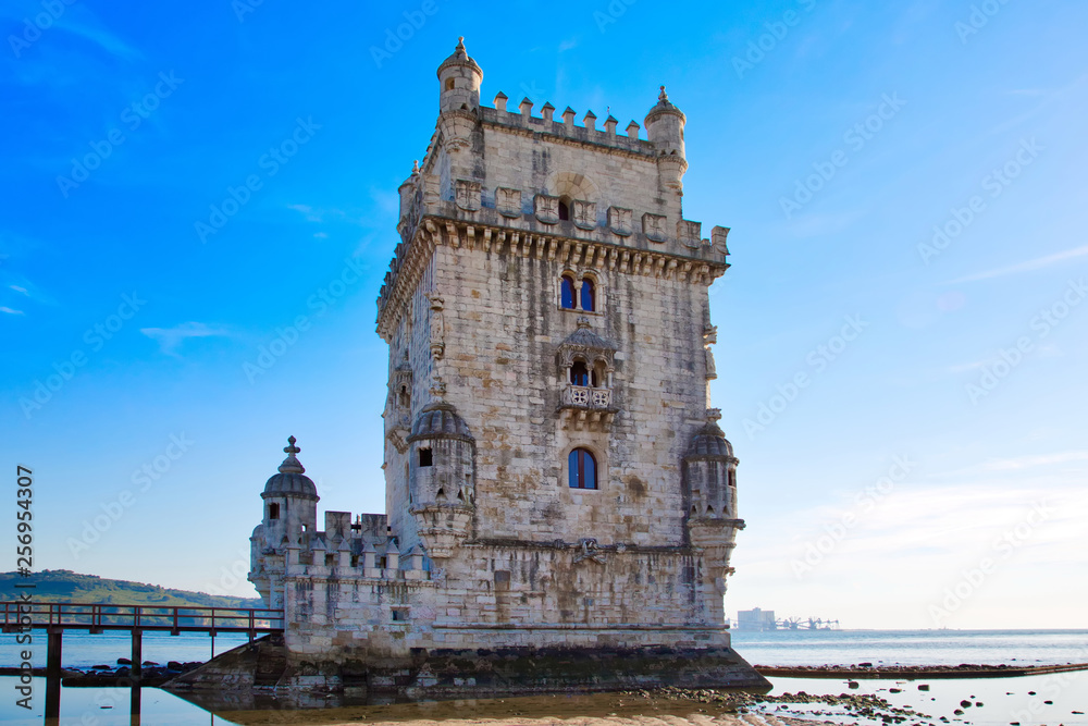 Lisbon, Belem Tower at sunset on the bank of the Tagus River