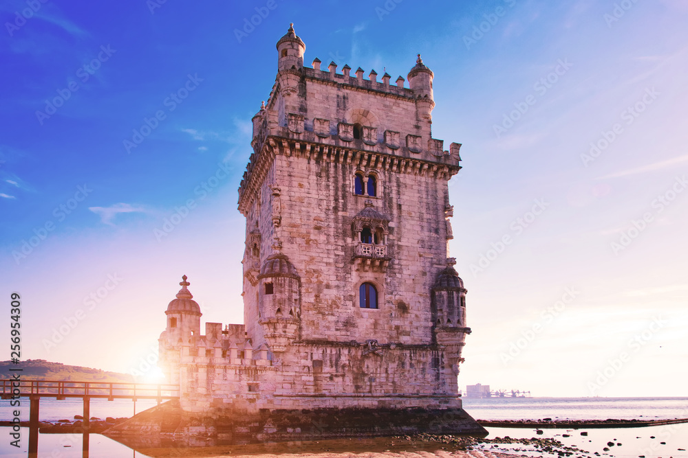 Lisbon, Belem Tower at sunset on the bank of the Tagus River