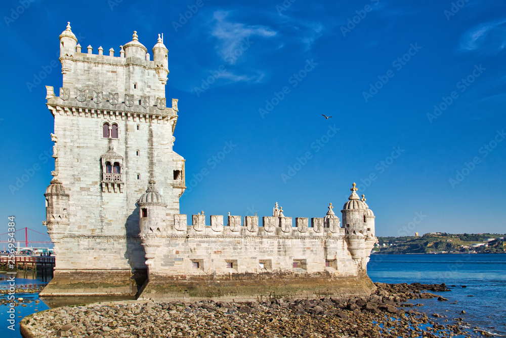 Lisbon, Belem Tower at sunset on the bank of the Tagus River Lisbon, Belem Tower at sunset on the bank of the Tagus River