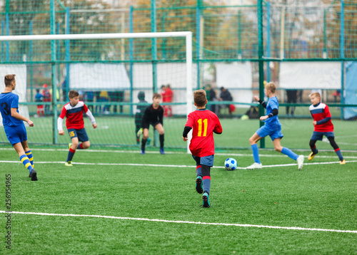 Football training for kids. Boys in blue red sportswear on soccer field. Young footballers dribble and kick ball in game. Training, active lifestyle, sport, children activity concept  © Natali