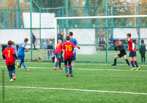 Football training for kids. Boys in blue red sportswear on soccer field. Young footballers dribble and kick ball in game. Training, active lifestyle, sport, children activity concept  © Natali
