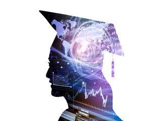 side view of silhouette female graduation with business and technology concept