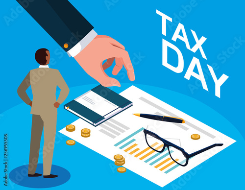 businessman in tax day with statistic document and icons