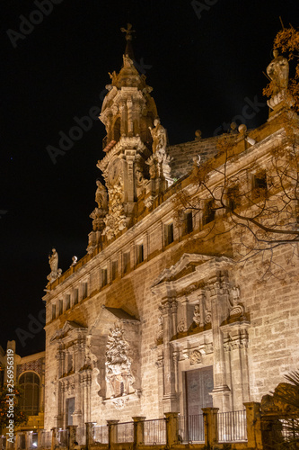 VALENCIA, SPAIN - FEBRUARY 24 : Royal Parish Church of St John at night in Valencia Spain on February 24, 2019