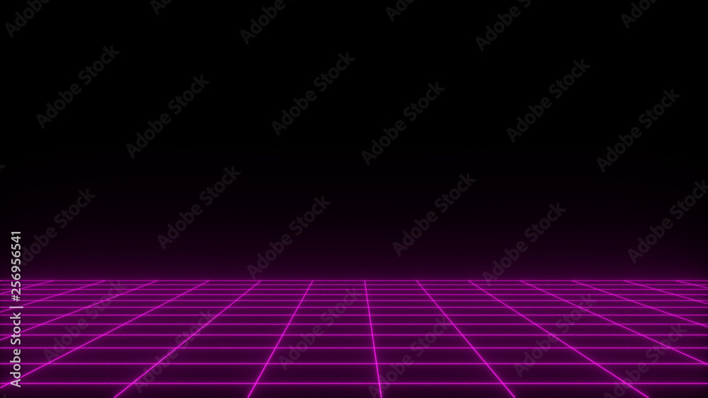 3D render synthwave wireframe net abstract background. Future retro line grid illustration - obrazy, fototapety, plakaty 