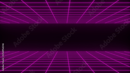 3D render synthwave wireframe net abstract background. Future retro line grid illustration