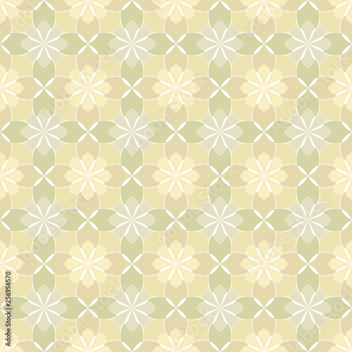 Seamless vector floral pattern based on Arabic geometric ornaments in pastel beige colors. Endless abstract background