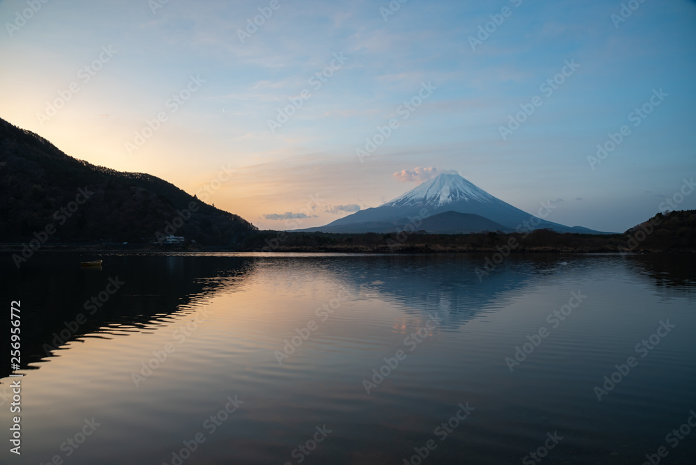 Mount Fuji or Mt. Fuji, the World Heritage, view at Lake Shoji ( Shojiko ). Fuji Five Lake region, Minamitsuru District, Yamanashi prefecture, Japan. Landscape for travel destination.