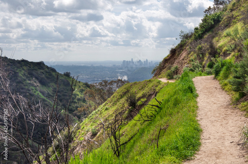 Hiking Trail - View to downtown Los Angeles from Verdugo Mountains, Burbank, California