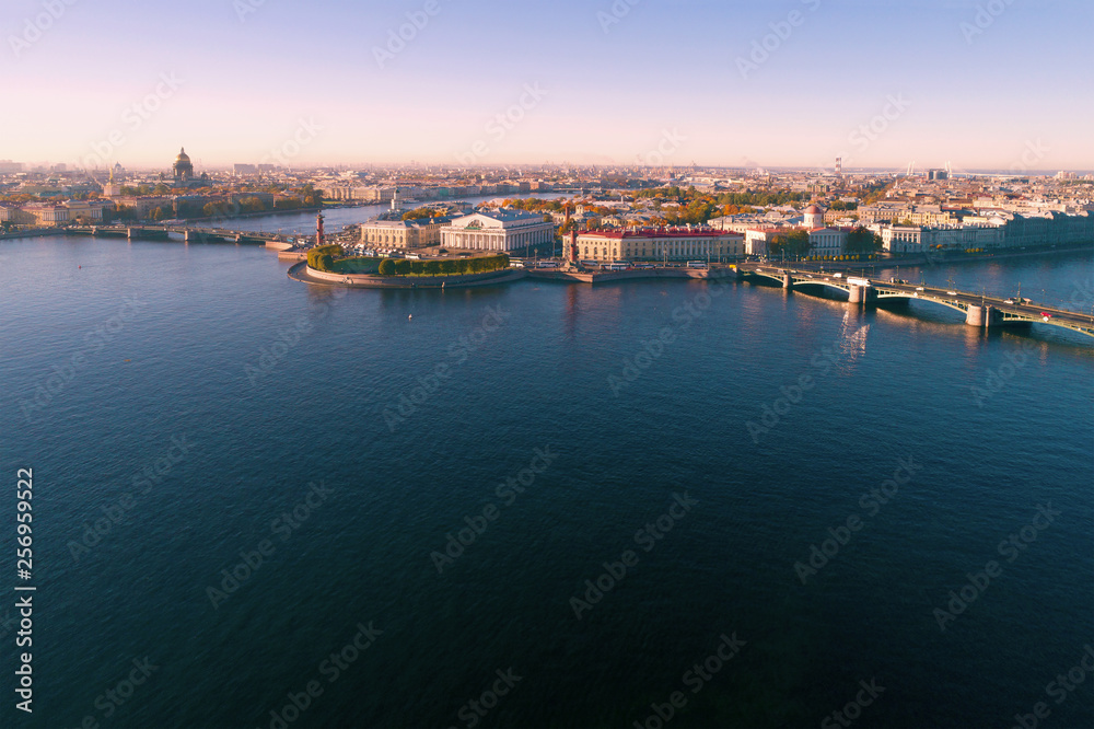Panorama of the Neva water area on October morning (aerial photography). Saint-Petersburg, Russia