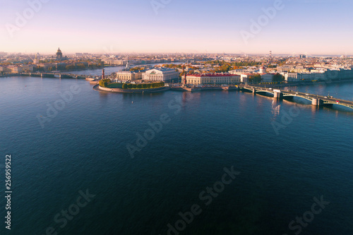 Panorama of the Neva water area on October morning  aerial photography . Saint-Petersburg  Russia