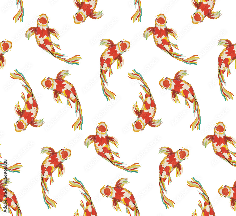 Seamless pattern japanese fish koi carps swimming in different directions isolated on white background for textiles, wallpaper, background