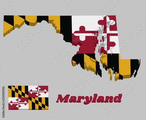 3D Map outline and flag of Maryland, Heraldic banner of George Calvert, 1st Baron Baltimore.