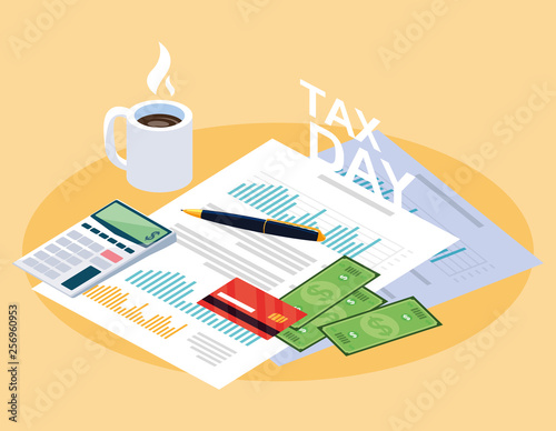tax day with statistic document and set icons