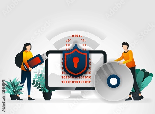 flat cartoon character. people protect storage devices such as flash drives, hard disks, compact disks with antivirus. online software security industry for storage provides close and VIP protection.