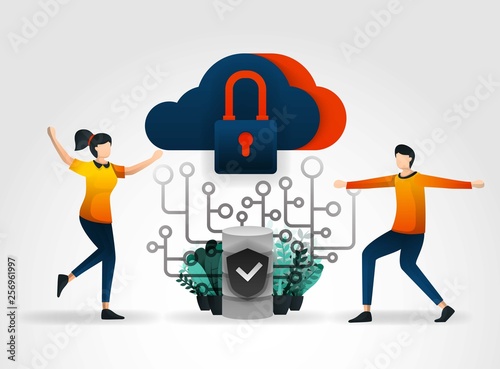 flat cartoon character. cloud storage is protected from viruses and hacking to maintain servers and databases. database security use firewall and network security solutions  from security companies