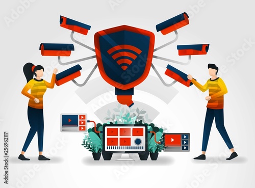 flat character. security cameras take maximum care in effort to protect data security. security industry complements their services with security video to monitor and train security officers companies
