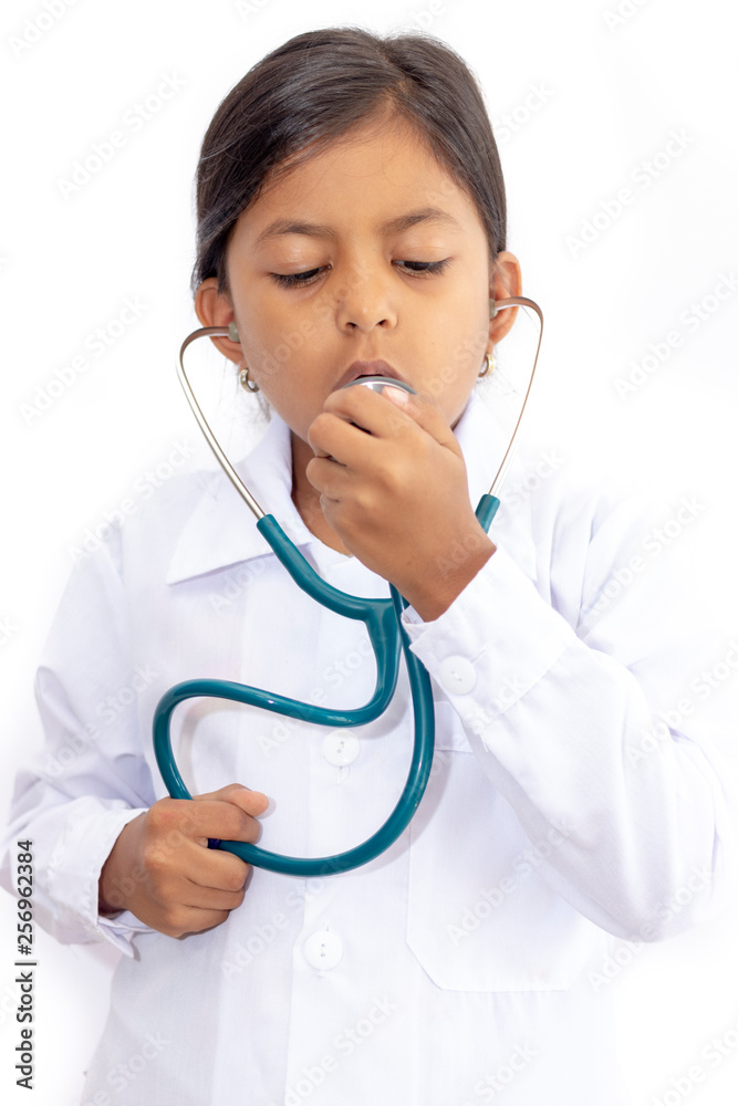 Cute little girl doctor, with stethoscope and white medical uniform Cute little girl doctor, with stethoscope and white medical uniform