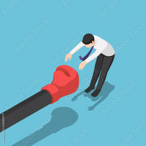 Isometric businessman being punched by giant hand with boxing glove