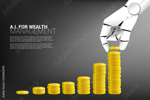 close up hand of robot with coin and growth graph with stack of coin. Concept of a.i. investment and machine learning for business
